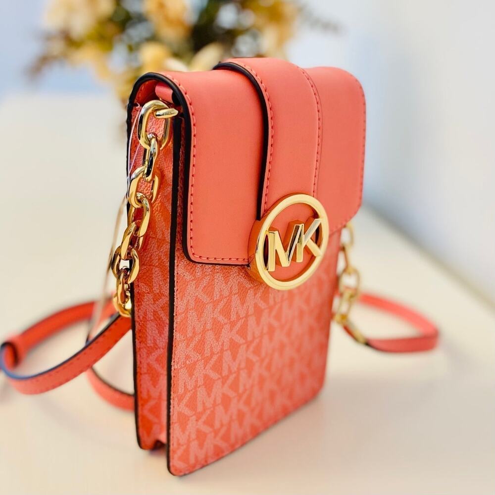 Michael Kors Purse Carmen Phone Crossbody Bag Grapefruit - Picture 2 of 11
